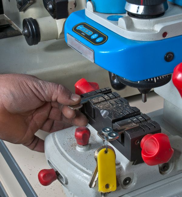 Close-up of a locksmith using a key-cutting machine